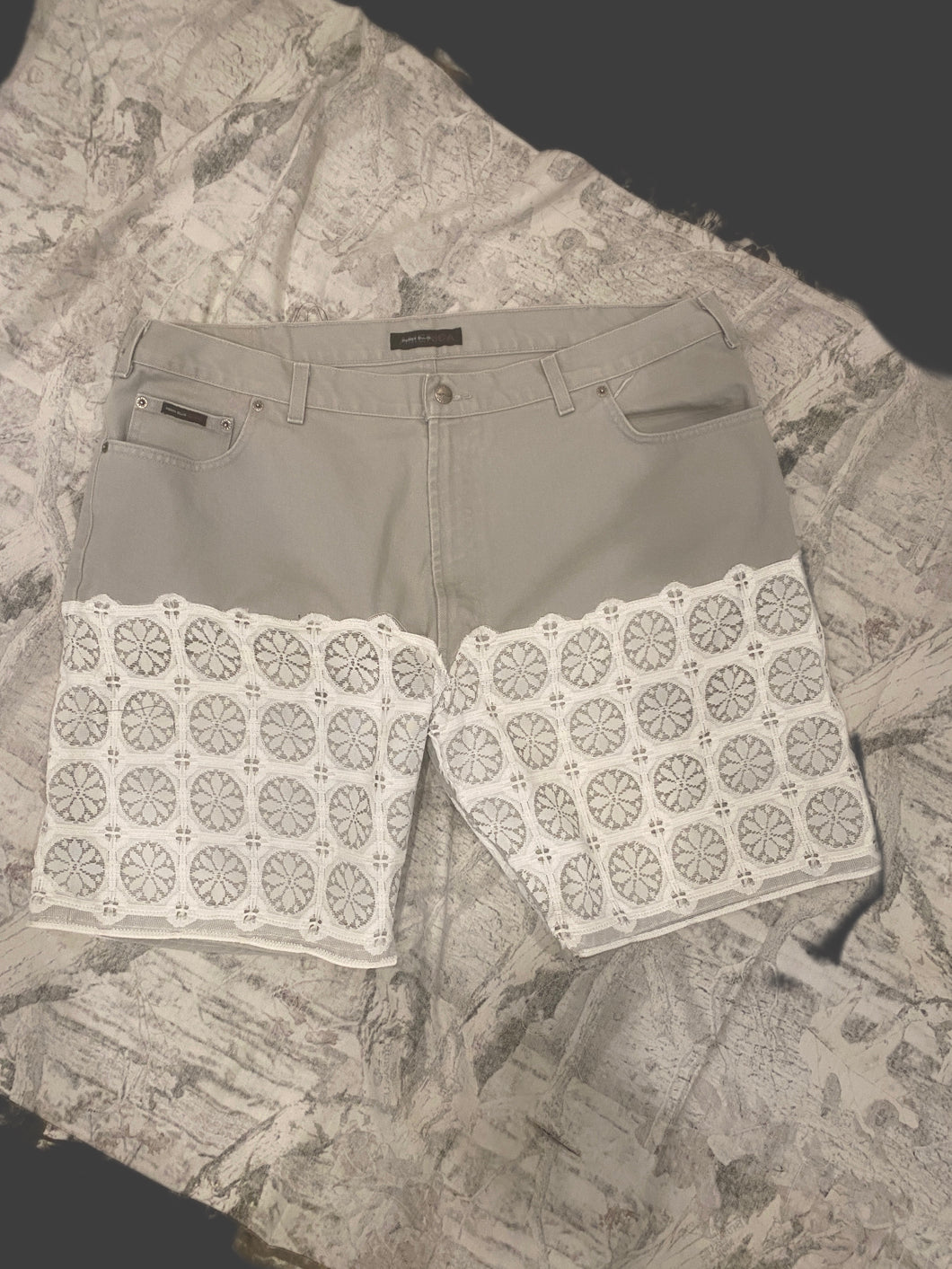 Grey Lace Denim Shorts